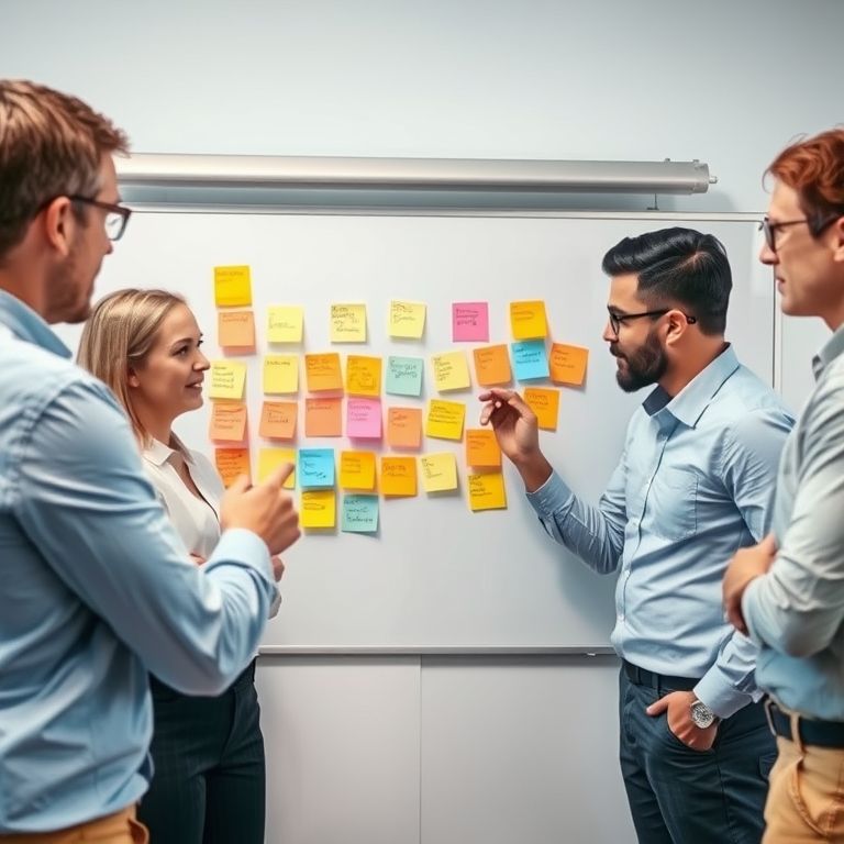 Team collaboration and leadership ideas session with employees brainstorming innovative strategies, leadership tips