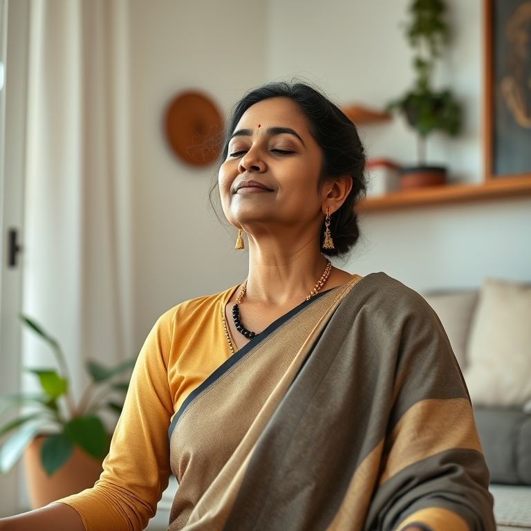 7 Powerful Ways the Gut-Brain Connection Can Boost Your Mood and Calm Anxiety Naturally 6 gut-brain connection Gut-Brain Connection - Indian woman meditating at home, peace and restfulness on her face