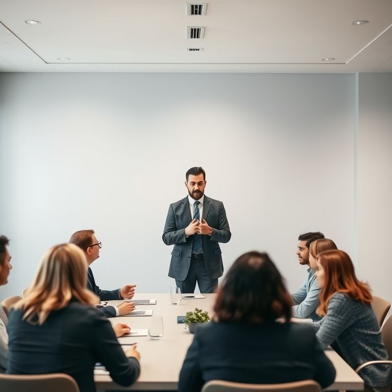 Confident business leader sharing leadership tips and ideas with motivated team during meeting
