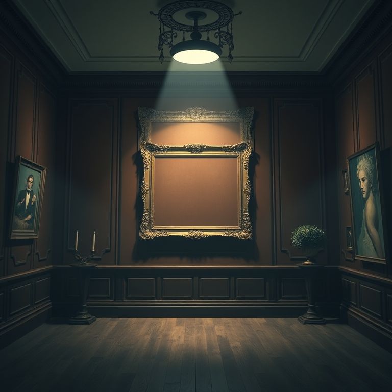 Empty art auction house frame symbolizing the high-stakes art theft in The Picasso Heist novel by James Patterson and Howard Roughan.