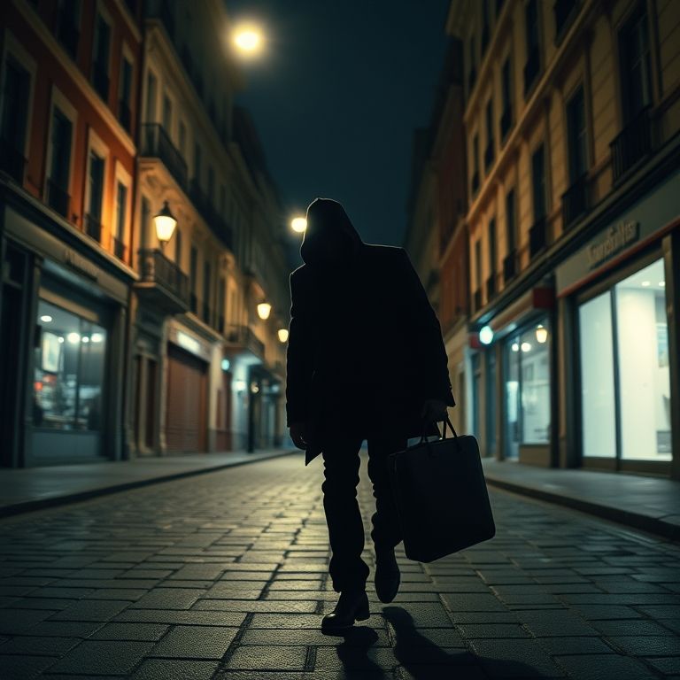 Dark figure escaping after a daring art theft, capturing the suspense of The Picasso Heist review.