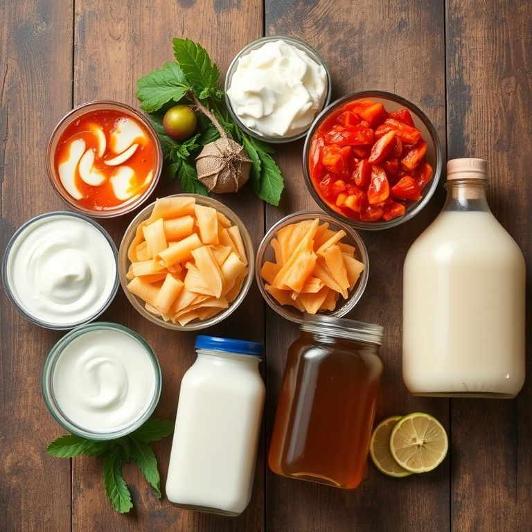 7 Powerful Ways the Gut-Brain Connection Can Boost Your Mood and Calm Anxiety Naturally 2 gut-brain connection Gut-brain connection - A colorful flat lay of yogurt, kimchi, sauerkraut, kefir, and kombucha on a rustic table.