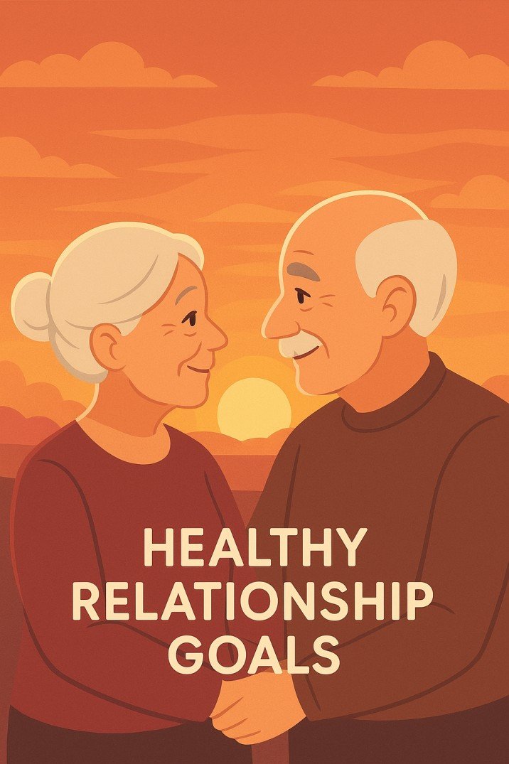 12 Powerful Secrets to Building a Healthy Relationship in Today’s Modern World 1 healthy relationship Cartoon of an elderly couple holding hands and gazing lovingly into each other’s eyes during a warm sunset, with the text ‘Healthy Relationship Goals’ written below — symbolizing lasting love, companionship, and emotional connection