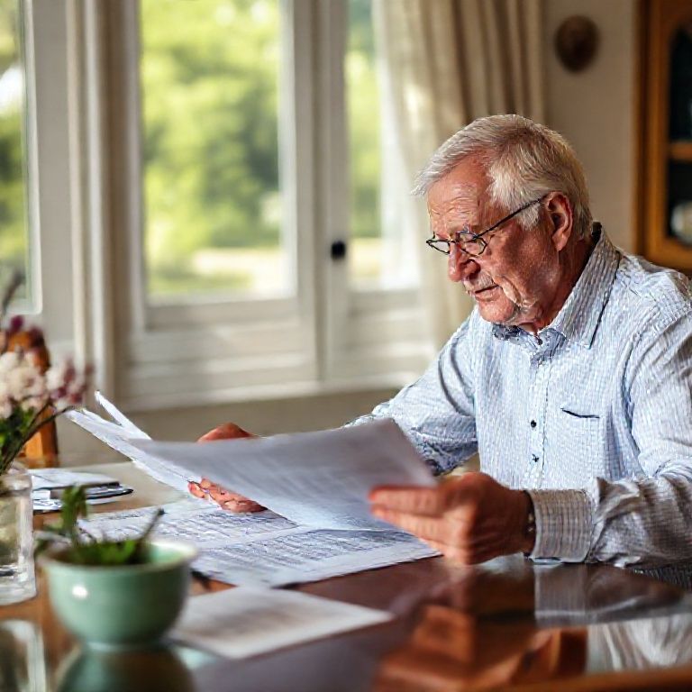 A senior couple retirement planning their finances with documents and laptop at home