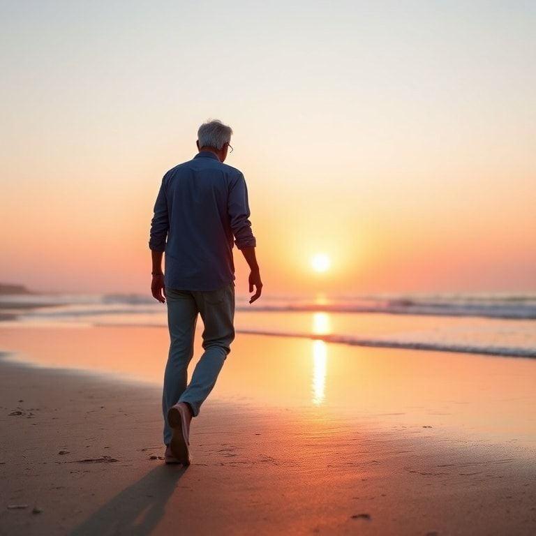Retirement planning - Mature adult walking on a beach at sunrise representing the emotional journey toward retirement.