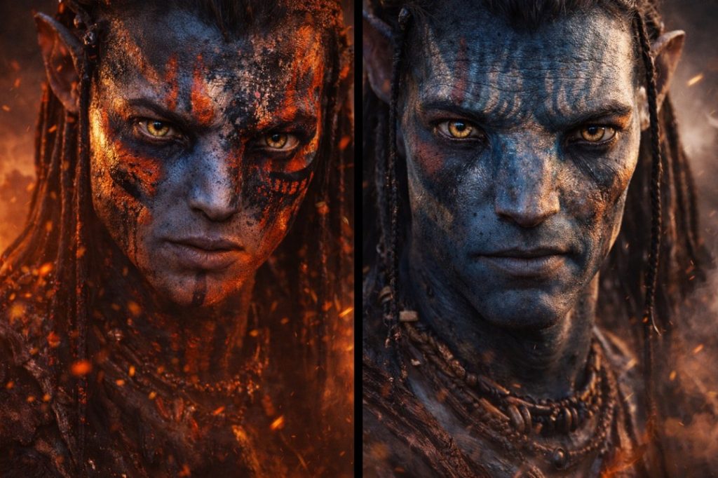 Avatar Fire and Ash movie review close-up of fire clan Na’vi with ash war paint symbolizing conflict on Pandora