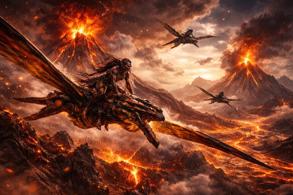 Avatar Fire and Ash movie review scene of Na’vi flying over erupting volcanoes on Pandora