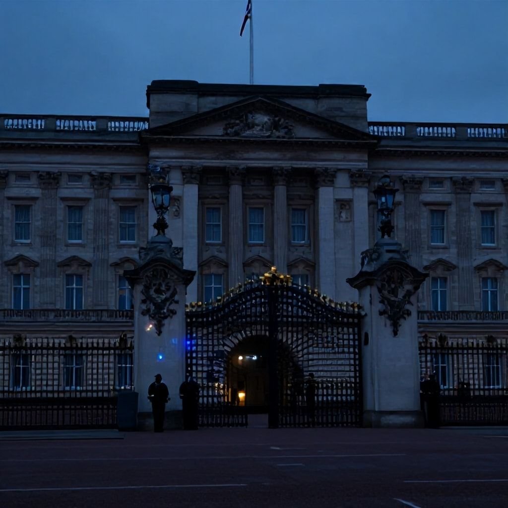 The Hawk Is Dead (2025) by Peter James: With Shocking Twists That Make This Thriller Unmissable 4 the hawk is dead Buckingham Palace at dusk surrounded by security forces, symbolizing the hawk is dead theme of involving a royal assassination attempt