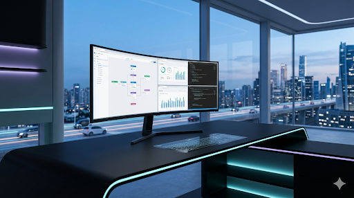  A wide-angle, minimalist, and futuristic professional workspace with a curved monitor displaying multiple optimized data dashboards, representing a high-productivity environment powered by AI workflow tools in 2026.