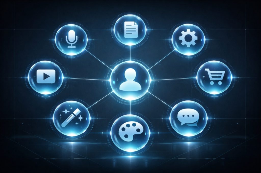 A futuristic digital infographic illustrating the interconnection between different AI workflow tools and a central human operator in a professional workspace.