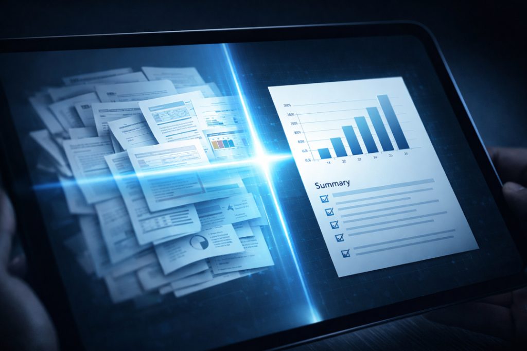 A close-up of a tablet interface using AI workflow tools to synthesize complex PDF documents into clear data visualizations and executive summaries.