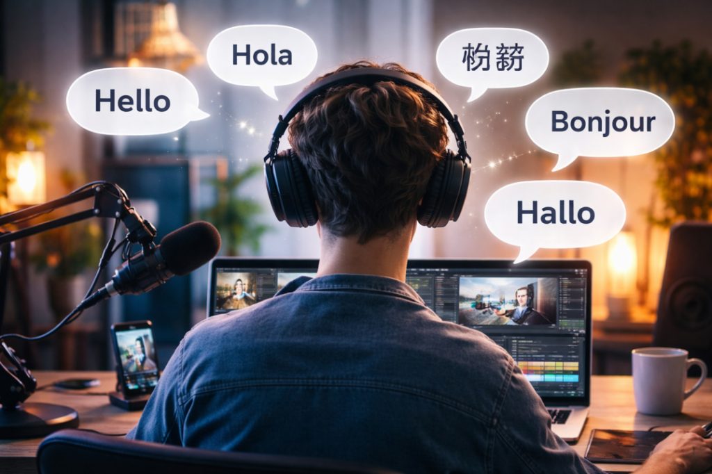 A content creator utilizing AI workflow tools on voice cloning and dubbing tools to translate a video project into multiple international languages simultaneously.
