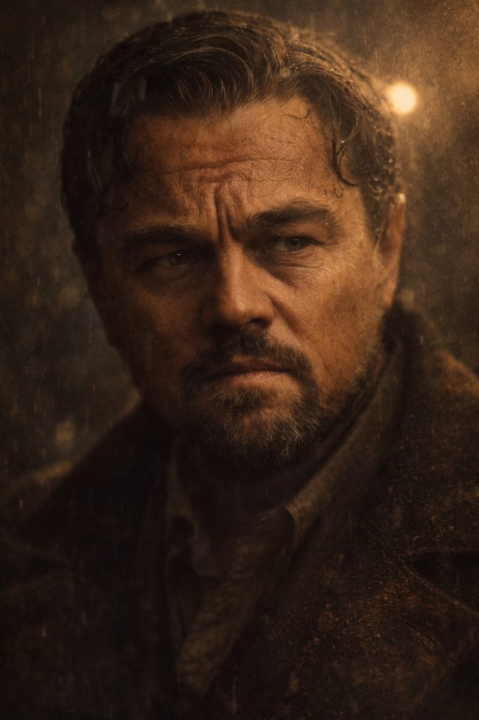 A close-up photograph of Leonardo DiCaprio in One Battle After Another with a weathered, thoughtful expression, looking off-camera in a dimly lit setting.