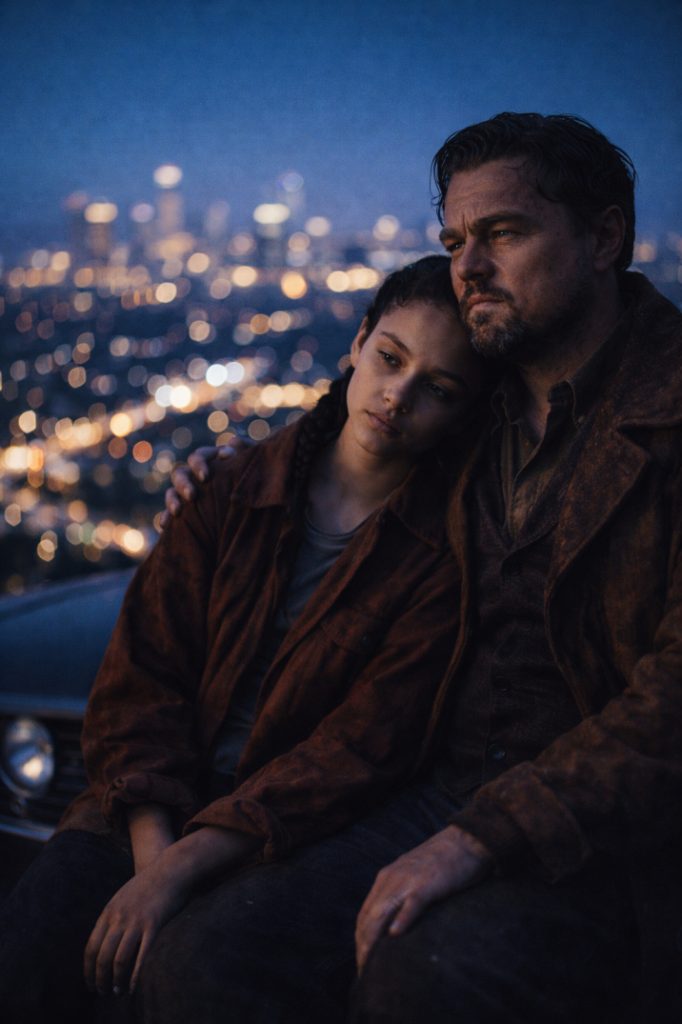 A candid photograph of Leonardo DiCaprio and Chase Infiniti sitting together on a car hood, looking out over a city skyline at dusk - One Battle After Another