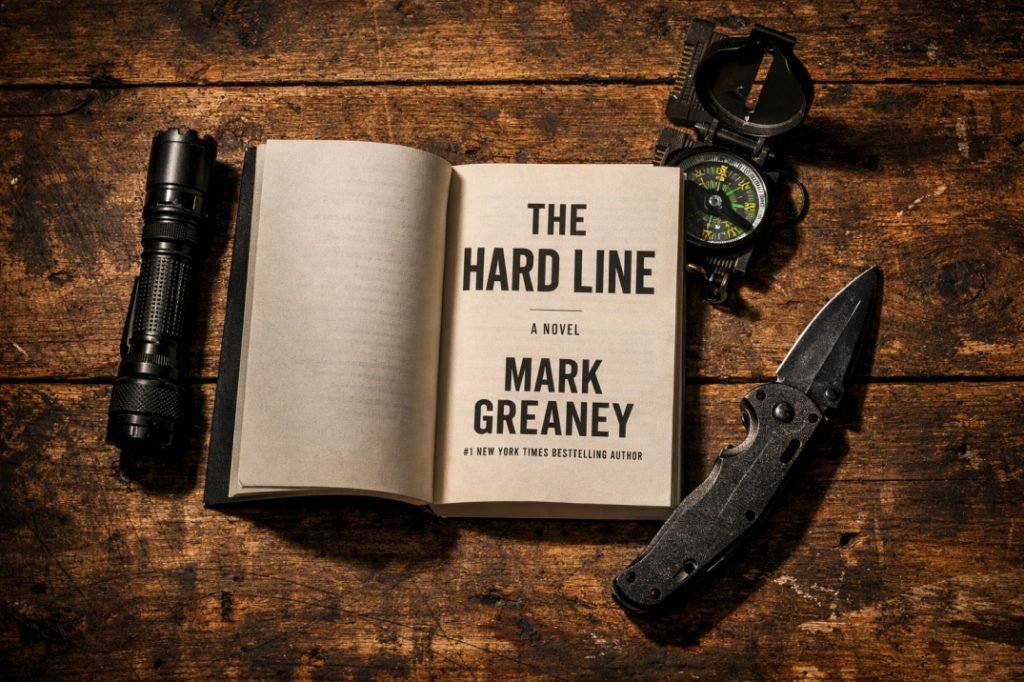 Top-down view of Mark Greaney's The Hard Line book open on a rugged wood table next to a tactical flashlight, compass, and combat knife.