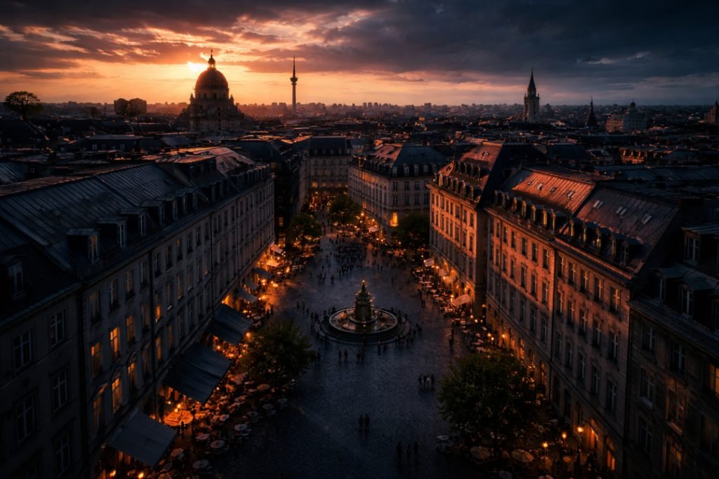 Dramatic golden hour photograph of a European city square in deep shadow with the setting sun hitting the distant rooftops, conveying suspense. - The Hard Line