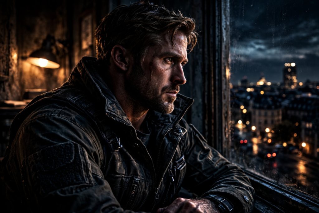 A gritty, dramatic close-up profile portrait of a middle-aged man in tactical gear looking out a window at night, symbolizing Court Gentry from The Hard Line