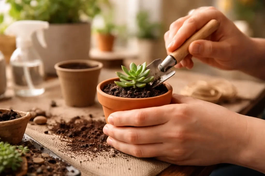 Close-up view of hands engaged in potting a plant, representing an analogue hobby used to transition away from digital work - low stimulation routine 