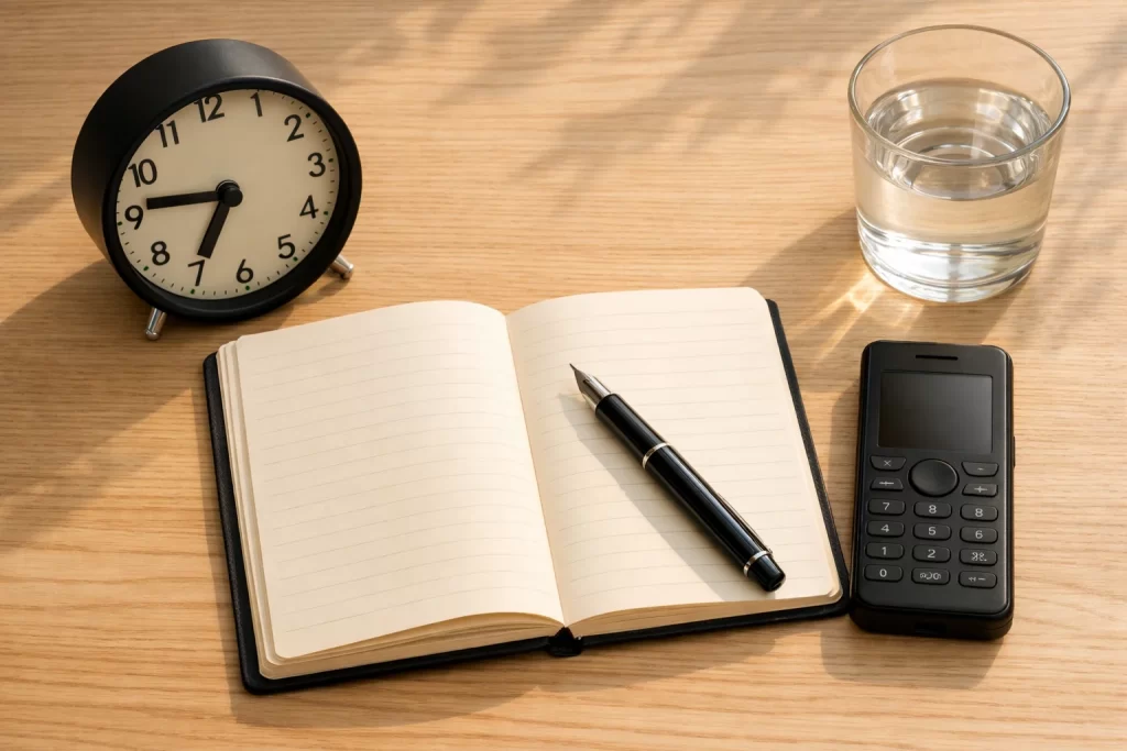 A minimalist analogue desk setup featuring a paper journal, fountain pen, physical alarm clock, and a feature phone in warm natural light, illustrating a low-stimulation routine for brain wealth.