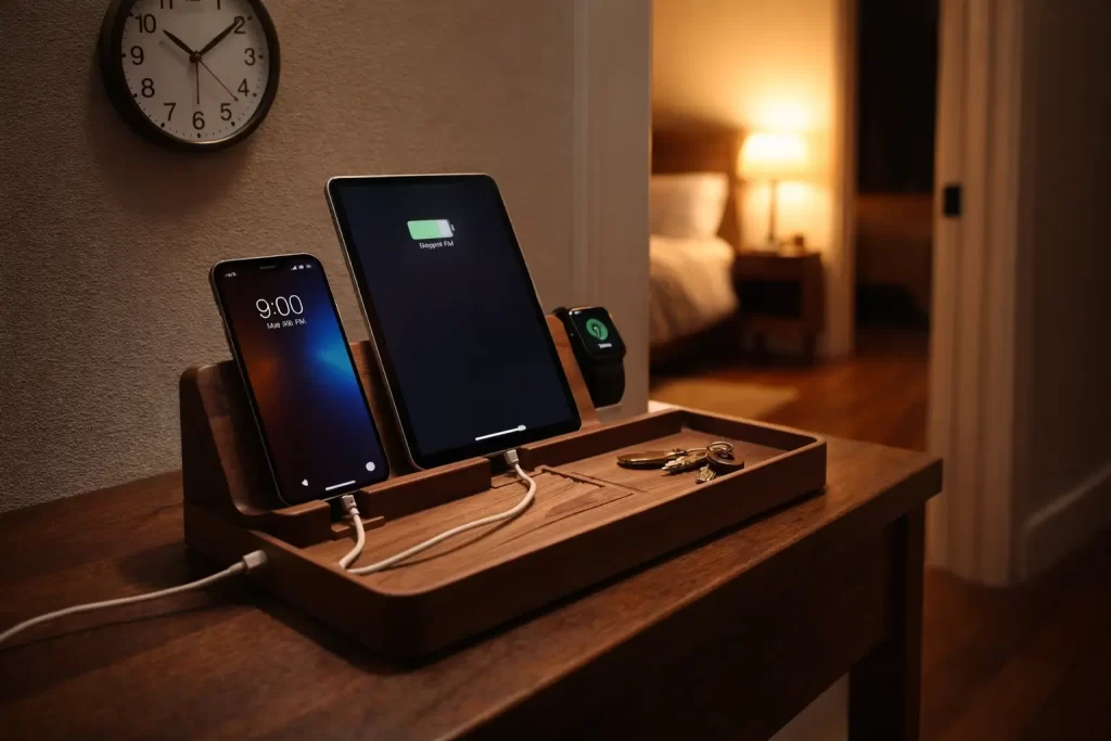 A wooden multi-device charging station on a hallway table at 9:00 PM, where smartphones and tablets are docked for a digital sunset before bed - Low Stimulation routine