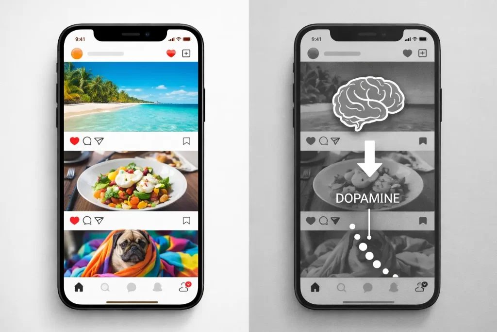 A side-by-side comparison of a smartphone screen in full color versus monochromatic greyscale mode to illustrate reduced digital stimulation - low stimulation routine