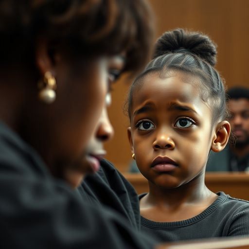 Black female judge stone presiding over a courtroom as a young Black girl stands before her in a tense Alabama legal setting