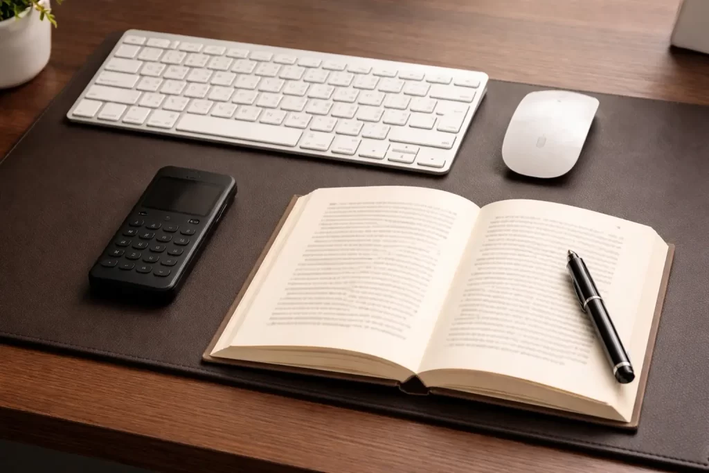A tidy modern desk mat with a keyboard, mouse, physical book, and a sleek feature phone (brick phone) used to minimize digital distraction - low stimulation routine