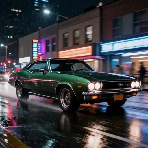 A wide-angle, action photograph of a classic car speeding on a wet, neon-lit city street during a pursuit from One Battle After Another
