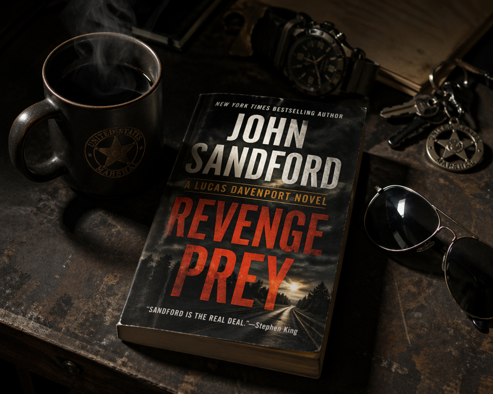 A dramatic book review layout for Revenge Prey by John Sandford featuring a coffee mug, aviator sunglasses, and tactical gear on a dark wooden background