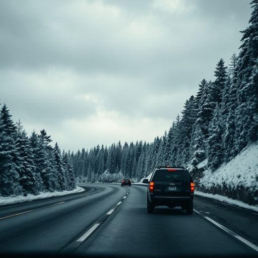 Dark unmarked SUV driving on a lonely forest road in winter, representing the hunting setting of Revenge Prey by John Sandford.