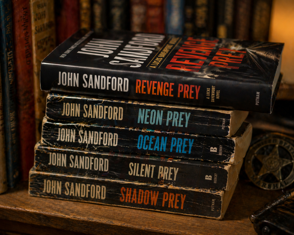 A stack of older John Sandford 'Prey' series books with the new Revenge Prey novel resting on top on a wooden bookshelf.