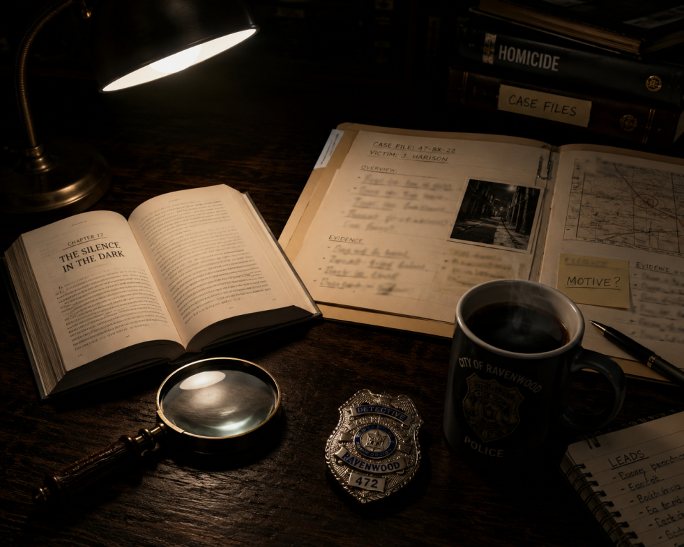 26 Beauties Book Review: A Best-Selling High-Stakes Women’s Murder Club Thriller 2 26 beauties 26 beauties - A moody, close-up shot of a detective’s dark wooden desk at night, illuminated by a single overhead desk lamp. An open thriller novel rests next to an old-fashioned magnifying glass, an open case file folder with blurred crime scene notes, a classic police badge, and a steaming ceramic mug of black coffee. The atmosphere is tense, dark, and analytical.