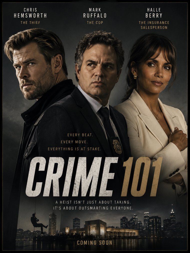 Crime 101 Movie Review: A Sharp, Sophisticated, and Seriously Intense Ride 2 crime 101 AI generated poster for Crime 101 - streaming on Prime Video now