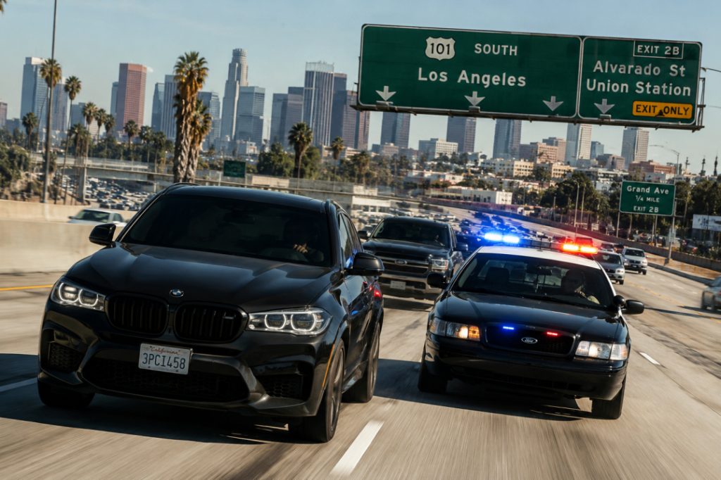 Crime 101 Movie Review: A Sharp, Sophisticated, and Seriously Intense Ride 5 crime 101 A tense car chase on the 101 Freeway, LA from the movie Crime 101.