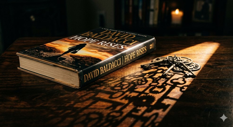 A close-up, dramatic photograph using sharp light and complex, geometric shadows that crisscross a copy of David Baldacci's novel, Hope Rises (matching the cover seen in image_0.png), on a dark wooden surface, representing intricate plotting and suspense.
