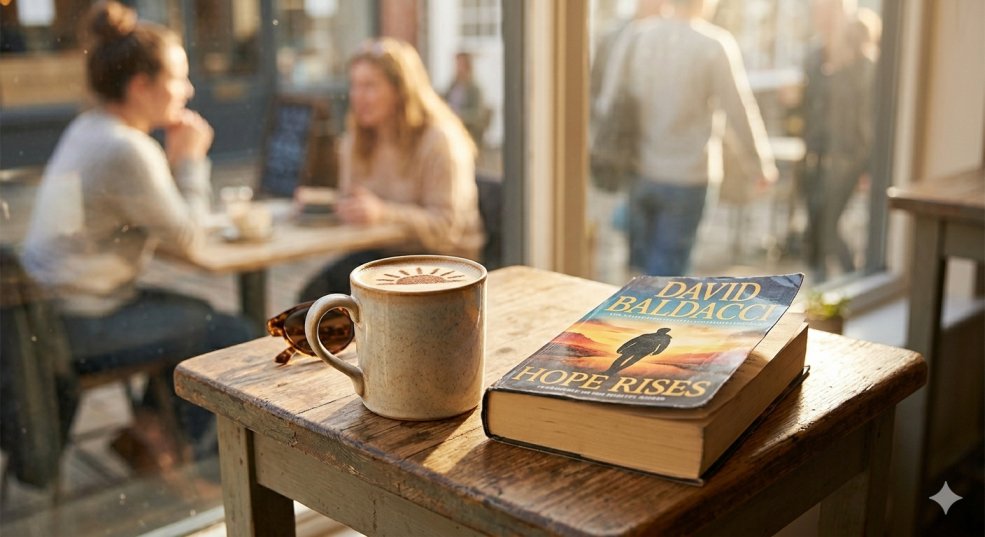 A sun-drenched cafe table setting showing a worn copy of David Baldacci's Hope Rises novel (matching the cover seen in image) next to a steaming mug of coffee and blurred patrons in the background, symbolizing post-read reflection.
