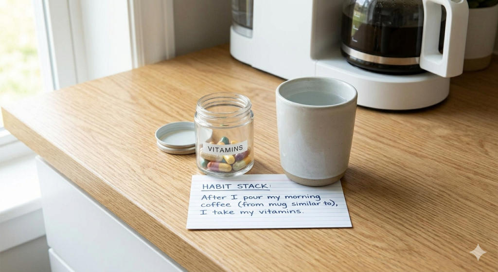 A close-up photograph on a bright, minimalist kitchen counter showing a small, open glass jar labeled 'VITAMINS' with colorful capsules next to a filled water tumbler. Beneath these items rests an index card with a simple handwritten note detailing a habit stack: 'After I pour my morning coffee, I take my vitamins.' A sleek white coffee maker is partially visible in the background, all captured in calm, inviting natural light. Daily Routine Habits