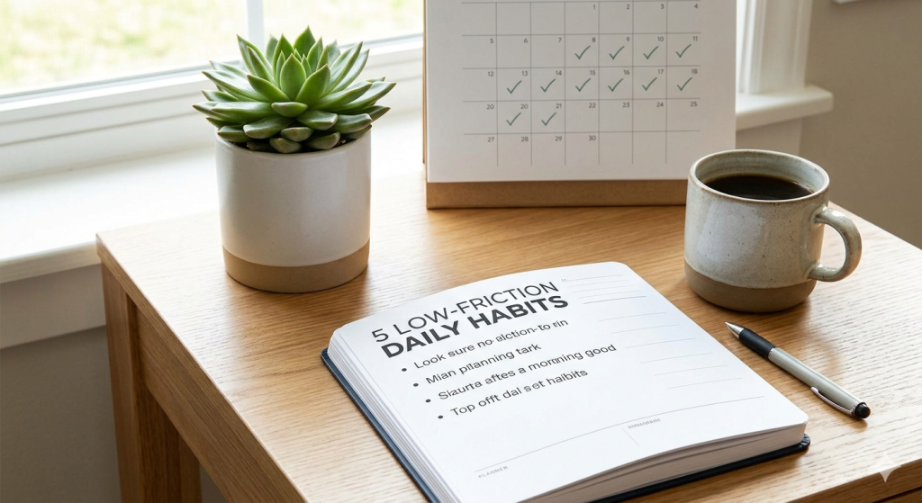 A clean, brightly lit wooden desk featuring an open minimalist planner titled '5 Low-Friction Daily Routine Habits' with a pen, succulent, and a desk calendar tracking small daily progress.