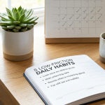 A clean, brightly lit wooden desk featuring an open minimalist planner titled '5 Low-Friction Daily Habits' with a pen, succulent, and a desk calendar tracking small daily progress.