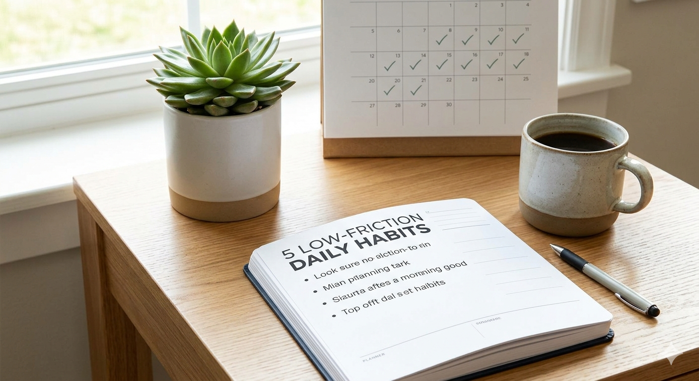 A clean, brightly lit wooden desk featuring an open minimalist planner titled '5 Low-Friction Daily Habits' with a pen, succulent, and a desk calendar tracking small daily progress.