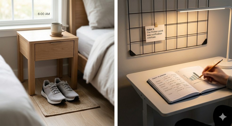 A two-panel minimalist image reflecting daily routine habits. The left panel shows running shoes and coffee neatly arranged on a bedside table in morning light, illustrating pre-planned execution. The right panel shows a hand adjusting a chart and a note about 'notification overload' on a wall organizer in warm evening light, illustrating reflection and assessment.