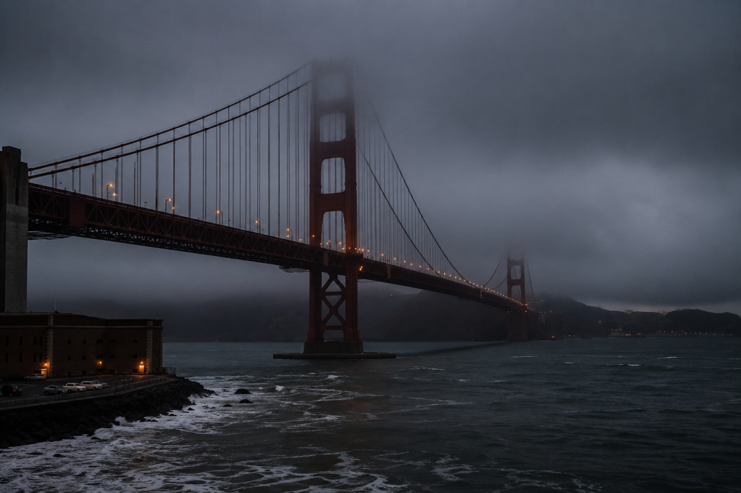 26 Beauties Book Review: A Best-Selling High-Stakes Women’s Murder Club Thriller 4 26 beauties A cinematic, wide-angle photograph of the Golden Gate Bridge partially obscured by dense, low-hanging ocean fog at dusk. The cold Pacific waters churn below under a dim, overcast gray sky, capturing a moody, mysterious, and classic noir atmosphere iconic to a San Francisco police procedural, 26 beauties