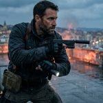 A dynamic action photo of a tactical operative on a rainy rooftop at dusk, with the book cover of 'The Fourth Option' by Jack Carr visible in the foreground. This visual captures the intensity and espionage atmosphere described in my review