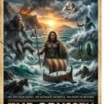 A dramatic movie poster for The Odyssey featuring a warrior holding a spear and shield standing near a Greek galley sailing through stormy sea waves. In the background, mythical elements surround the scene, including a Cyclops on a rocky cliff, a multi-headed Hydra emerging from the water, a mysterious dark figure on an island, and gods wielding thunderbolts and a trident in the cloudy sky. Bold gold lettering at the top and bottom reads "THE ODYSSEY" alongside taglines and character names.