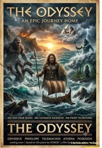 Unforgiving & Majestic: Why The Odyssey (2026) Is an Epic Cinematic Triumph 6 spider-man A dramatic movie poster for The Odyssey featuring a warrior holding a spear and shield standing near a Greek galley sailing through stormy sea waves. In the background, mythical elements surround the scene, including a Cyclops on a rocky cliff, a multi-headed Hydra emerging from the water, a mysterious dark figure on an island, and gods wielding thunderbolts and a trident in the cloudy sky. Bold gold lettering at the top and bottom reads "THE ODYSSEY" alongside taglines and character names.