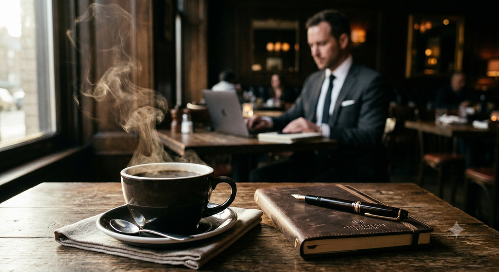 10 High-Paying Corporate Jobs for Hospitality Workers - Easy Transition 1 corporate jobs for hospitality workers A close-up of a steaming black coffee cup and a leather-bound notebook with a fountain pen on a wooden restaurant table, with a blurred businessman working in the background, illustrating potential corporate jobs for hospitality workers.
