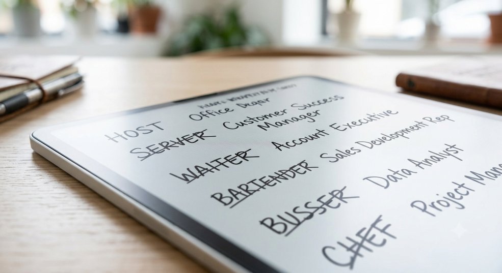 10 High-Paying Corporate Jobs for Hospitality Workers - Easy Transition 3 corporate jobs for hospitality workers A notebook page translating restaurant skills into corporate jobs for hospitality workers.