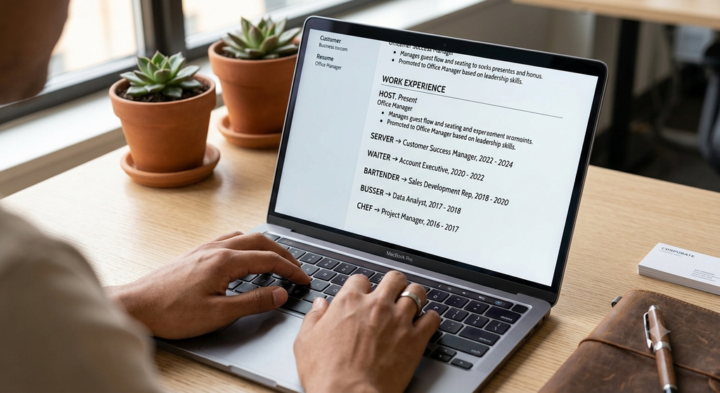 10 High-Paying Corporate Jobs for Hospitality Workers - Easy Transition 5 corporate jobs for hospitality workers A person updating their resume to apply for high-paying corporate jobs for hospitality workers.