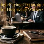 A close-up of a steaming black coffee cup and a leather-bound notebook with a fountain pen on a wooden restaurant table, with a blurred businessman working in the background, illustrating potential corporate jobs for hospitality workers.