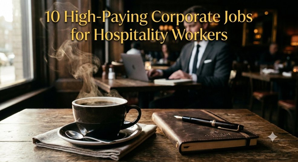 A close-up of a steaming black coffee cup and a leather-bound notebook with a fountain pen on a wooden restaurant table, with a blurred businessman working in the background, illustrating potential corporate jobs for hospitality workers.